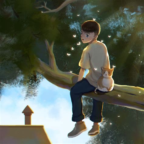 骑在树上的小男孩_尹随风-站酷ZCOOL