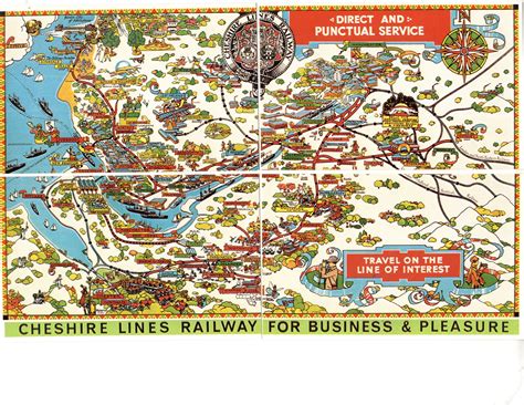 4 Piece Diptych Postcards, Pictorial Map of Cheshire Lines Railway ...