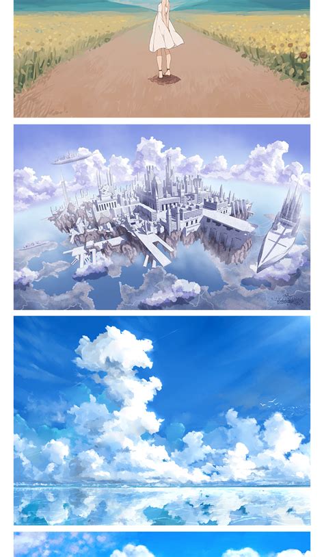 日系动漫手绘唯美天空星空云朵场景背景图片插画临摹设计JPG素材-后期自修室