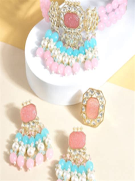 Buy Zaveri Pearls Gold Plated Kundan Studded & Beaded Jewellery Set ...