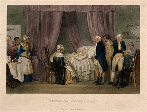George Washington on his deathbed, 1799. Coloured engraving by J ...
