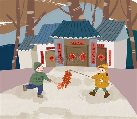 新年春节过节放鞭炮插画图片-千库网