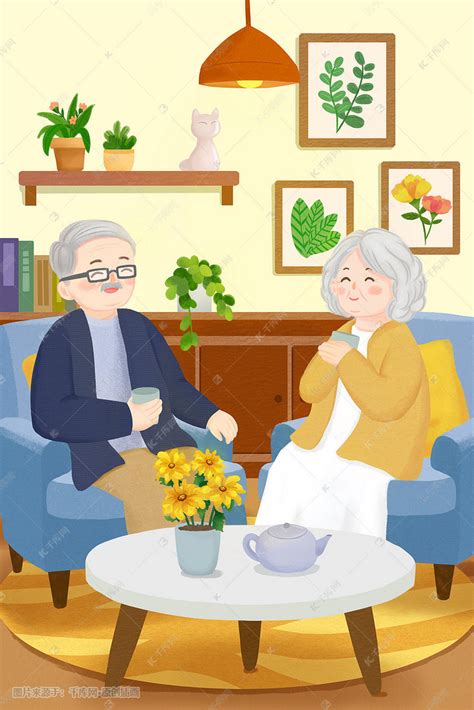 温馨重阳节老年夫妇悠闲时光手绘插画图片-千库网