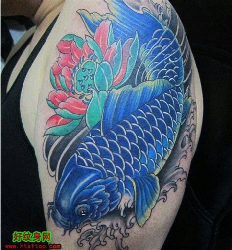 给我几张手臂鲤鱼纹身图 最好是鱼头向下 有莲花 红色的鱼_百度知道