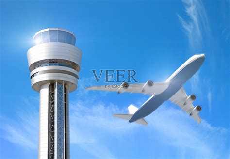 飞机起飞与塔台和蓝天图片-商业图片-正版原创图片下载购买-VEER图片库