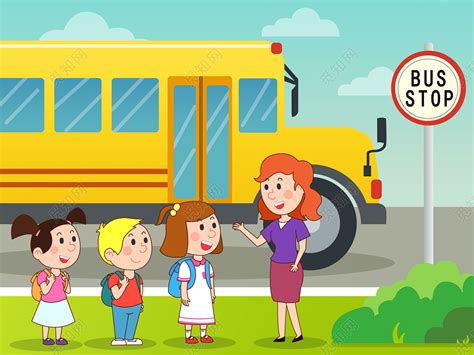 开学卡通学生排队上公交车图片素材免费下载_觅知网