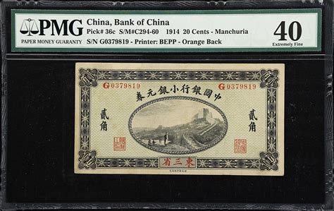 民国三年中国银行小银圆券贰角。(t) CHINA--REPUBLIC. Bank of China. 20 Cents, 1914. P ...