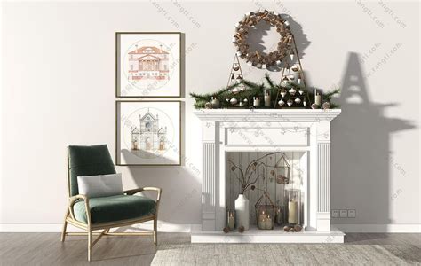 欧式白色石材壁炉、圣诞节饰品、烛台休闲椅组合3D模型下载 ...