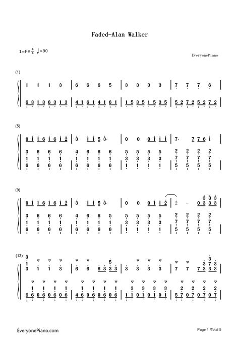 Faded-Alan Walker双手简谱预览1-钢琴谱文件（五线谱、双手简谱、数字谱、Midi、PDF）免费下载