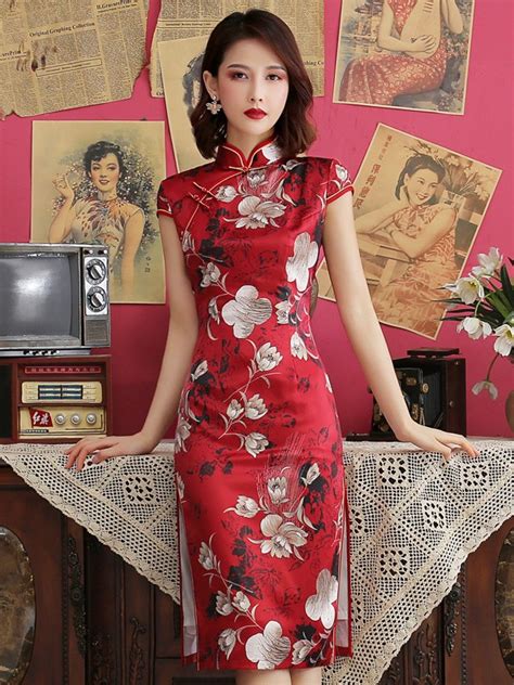 Red Floral Mid Qipao / Cheongsam Party Dress - CozyLadyWear
