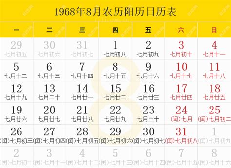 1968年日历表,1968年农历表（阴历阳历节日对照表） - 日历网