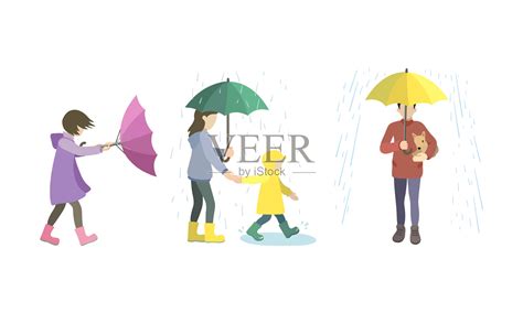 一组不同的人在一个下雨和刮风的日子。矢量插图在平面卡通风格。插画图片素材_ID:354484828-Veer图库