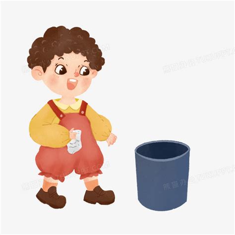 卡通手绘小男孩把垃圾扔到垃圾桶元素PNG图片素材下载_男孩PNG_熊猫办公