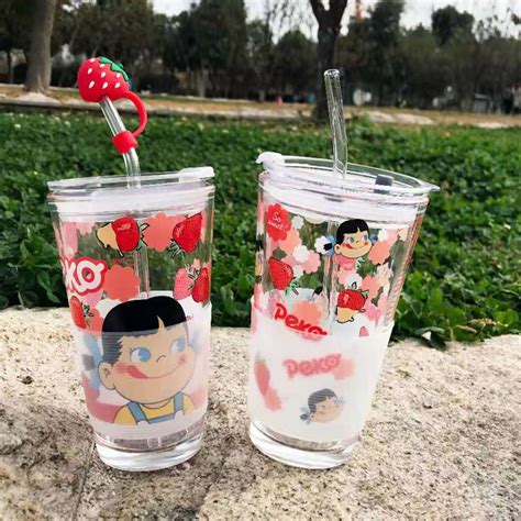 不二家草莓牛奶妹玻璃杯带盖吸管杯网红高颜值杯子少女心可爱水杯-阿里巴巴