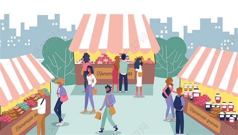 图片素材-MG卡通插画市场摊位农民在卖蔬菜水果街头美食节平面图人们在售货亭和商店里卖食物-每天快乐多一点