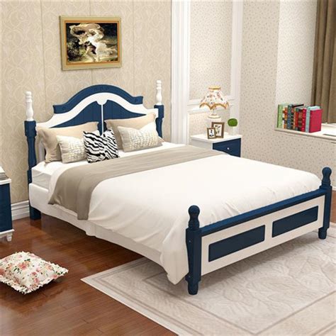 地中海经济型简约现代欧式实木床蓝白色双人婚床多功能高箱储物床-美间设计