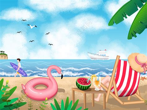 夏日夏天阳光下海滩原创海报插画图片素材免费下载 - 觅知网