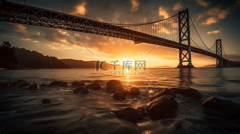 夕阳西下的金州大桥高清摄影大图-千库网