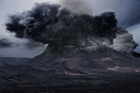 火山爆发的瞬间黑烟滚滚自然风景素材设计