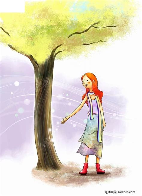 在树下的女孩插画PSD素材免费下载_红动中国