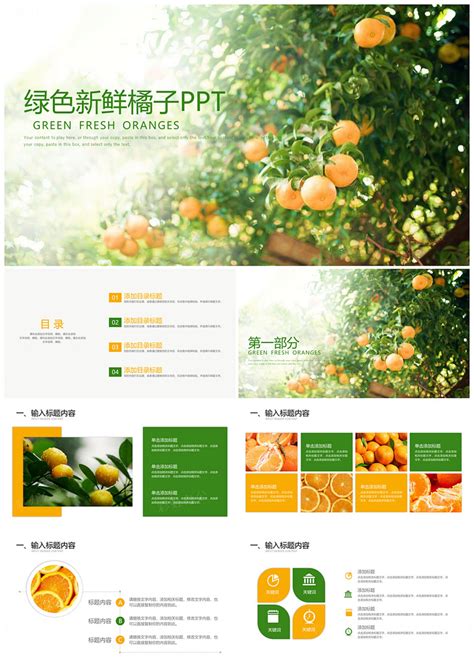 绿色新鲜树枝上的橘子宣传介绍ppt模板 - 彩虹办公