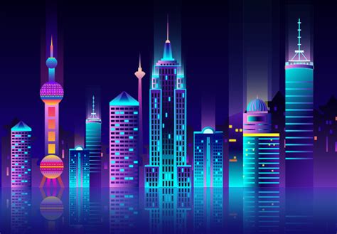 AI 18款扁平城市高楼上海香港风景房屋平面渐变UI海报背景设计PSD素材AI矢量素材-班族客站