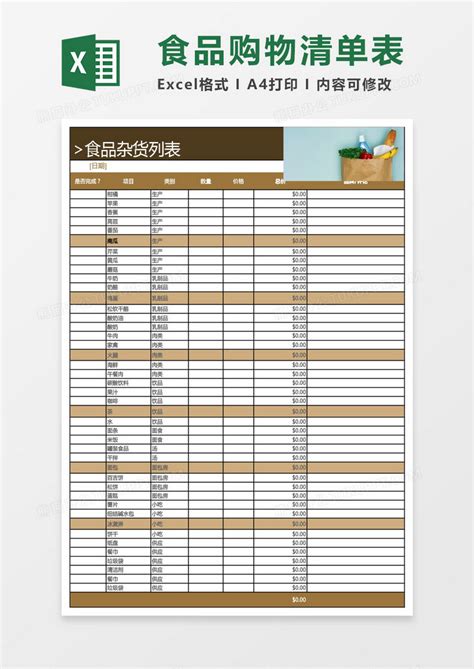 食品购物清单表格Excel模板下载_熊猫办公