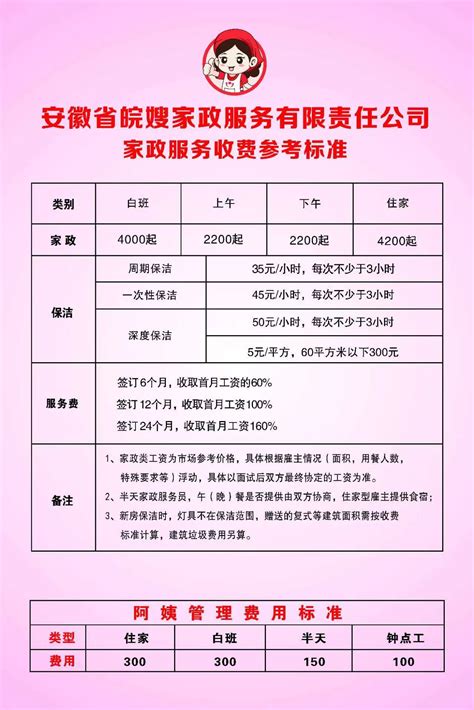 安徽省妇联巾帼家政服务中心-收费标准