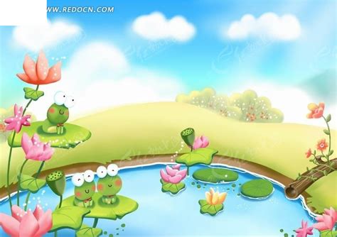 池塘荷叶上的青蛙卡通动物插画PSD素材免费下载_红动中国