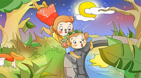 卡通手绘成语故事猴子捞月免抠元素PNG图片素材下载_猴子PNG_熊猫办公