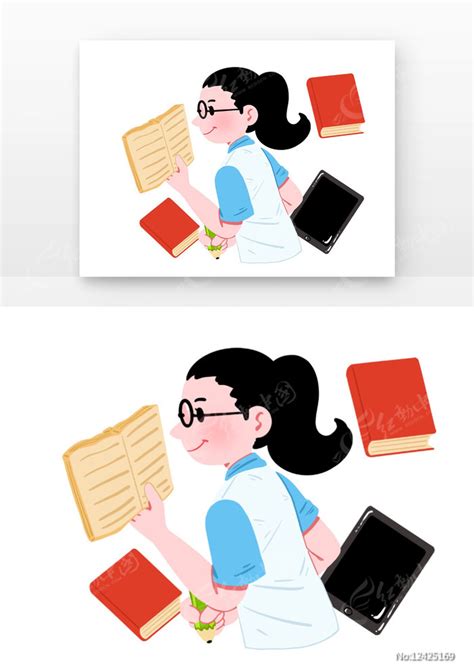 高考季戴眼镜的女孩与书本组合图片_卡通手绘_编号12425169_红动中国