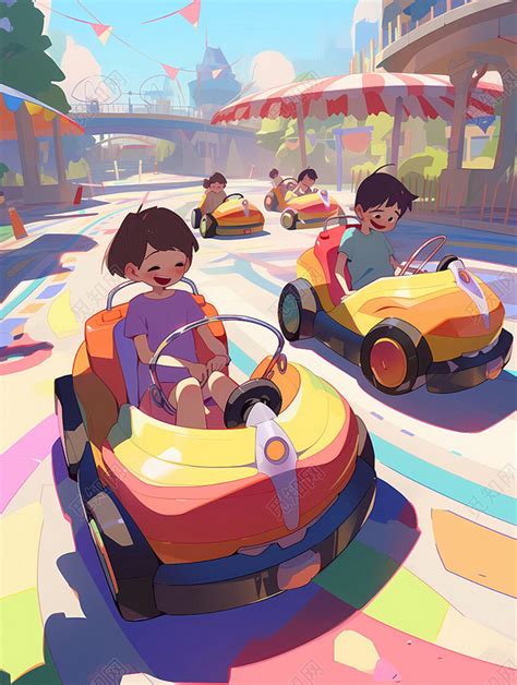 六一儿童节皮克斯风格儿童游乐场开碰碰车的快乐场景背景图片下载 - 觅知网