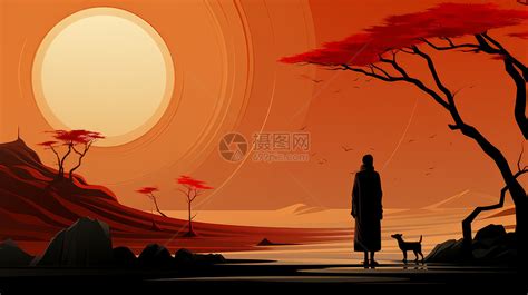 一个人与狗站在湖边的夕阳下唯美卡通风景插画图片下载-正版图片402505281-摄图网