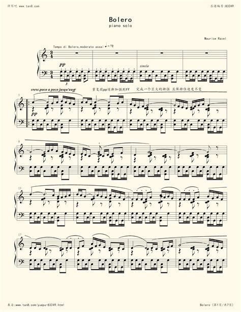 《波莱罗舞曲,钢琴谱》Maurice Ravel（五线谱 简谱 钢琴曲 指法）-弹琴吧|蛐蛐钢琴网