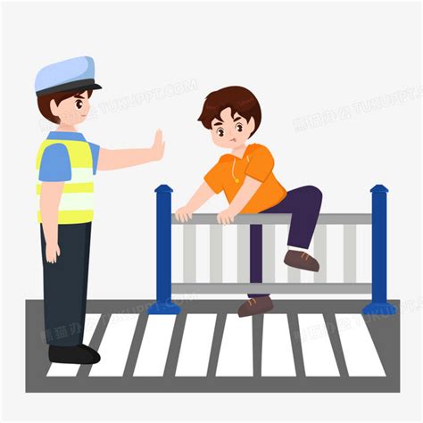 矢量卡通交警劝阻翻越栏杆的孩子PNG图片素材下载_孩子PNG_熊猫办公