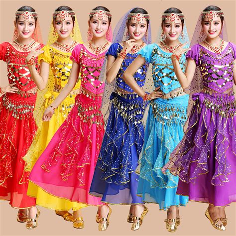 印度舞蹈演出服套装肚皮舞彩点长裙短袖练习舞台新疆舞表演服装女_虎窝淘