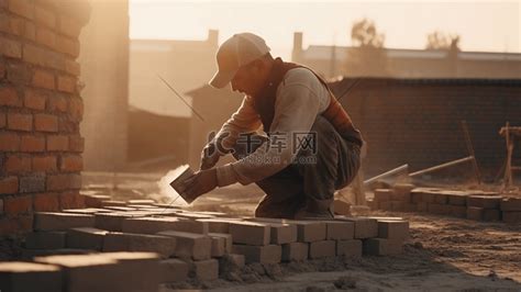 砌砖工人在铺砖砌墙，他正在用泥铲往砖上灌浆。这个人工作真的很努力。高清摄影大图-千库网