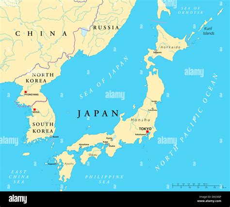 Mapa político de Japón, Corea del Norte y Corea del Sur con capitales ...