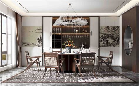 新中式餐厅 餐桌 椅子 吊灯 酒柜-室内设计-拓者设计吧
