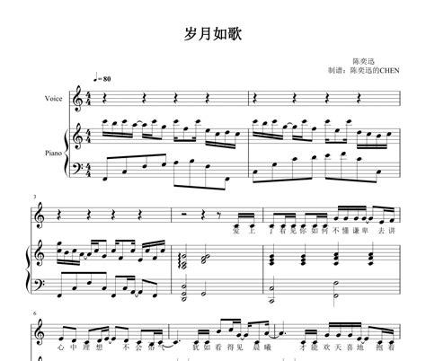 陈奕迅-岁月如歌钢琴谱 C调弹唱谱 【附歌词】-乐手网
