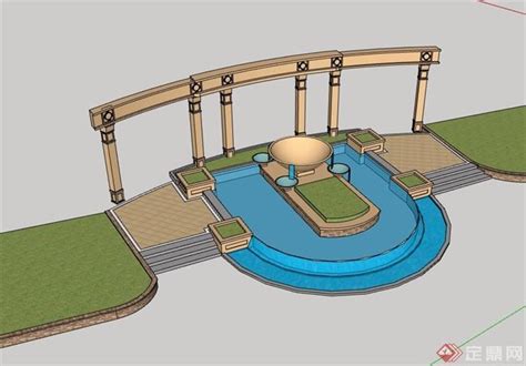 新古典叠水景观池su模型