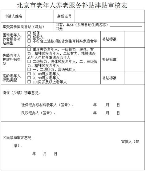 北京市老年人养老服务补贴津贴审核表- 北京本地宝