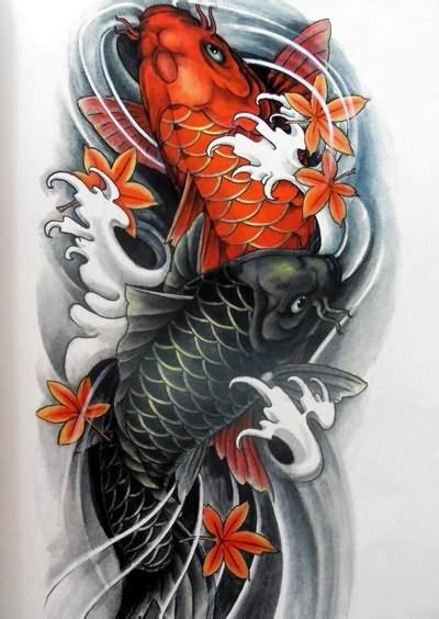 给我几张手臂鲤鱼纹身图 最好是鱼头向下 有莲花 红色的鱼_百度知道