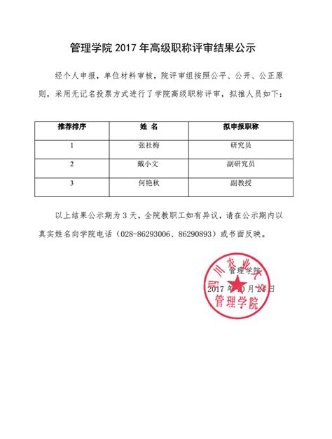 2017年高级职称学院评审结果公示-四川农业大学管理学院