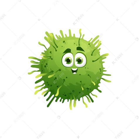 带有笑脸、大眼睛和长出的 covid19 病毒、细菌或细菌的卡通冠状病毒特征载体绿色滑稽细胞。素材图片免费下载-千库网