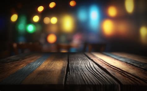 Una mesa de madera con una luz de colores al fondo. | Foto Premium