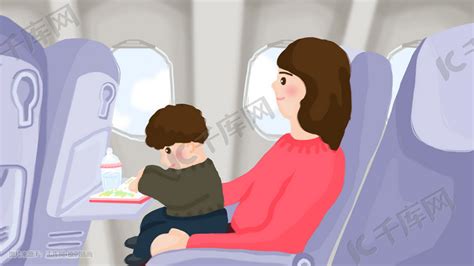 公共交通乘坐飞机妈妈孩子亲子旅游手绘插画图片-千库网