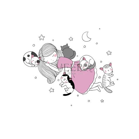 睡觉的女孩和猫在床上。晚安，各位。插画图片素材_ID:315687496-Veer图库