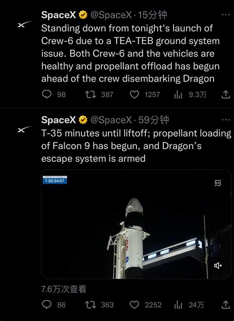 因TEA-TEB地面系统故障，SpaceX中止了今天Crew-6的发射……|spacex_新浪新闻