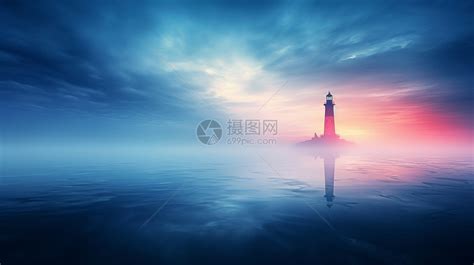 傍晚海面上的迷雾中一座灯塔插画图片下载-正版图片402503229-摄图网